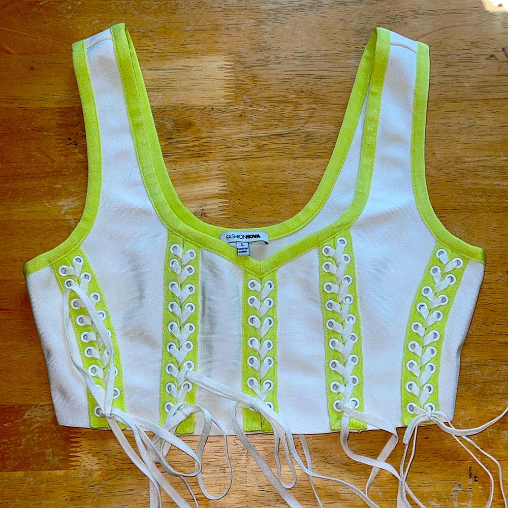 COPY - FASHION NOVA white and lime green corset top lace up